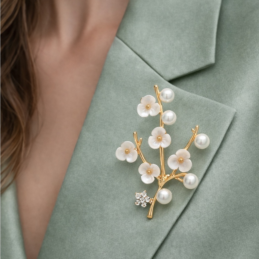 Cherry Gold Blossom Pearl Branch Brooch